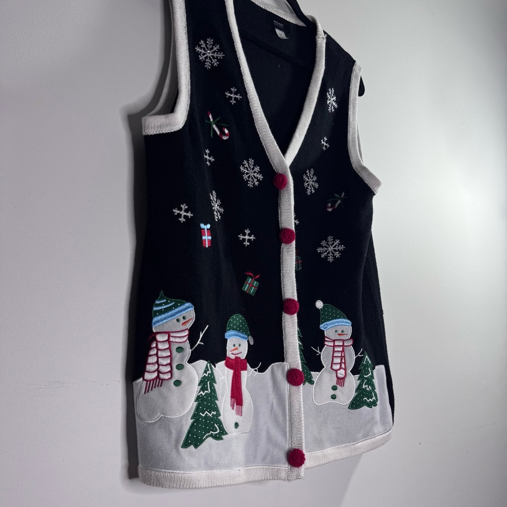 Holiday Editions XL Christmas Sweater Vest Snowman Pom Pom Cardigan Black